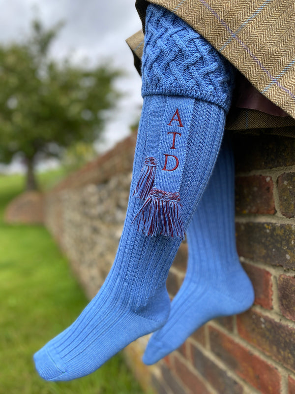bluebell mid blue wool blend ladies shooting socks with personalised matching garters with your initials