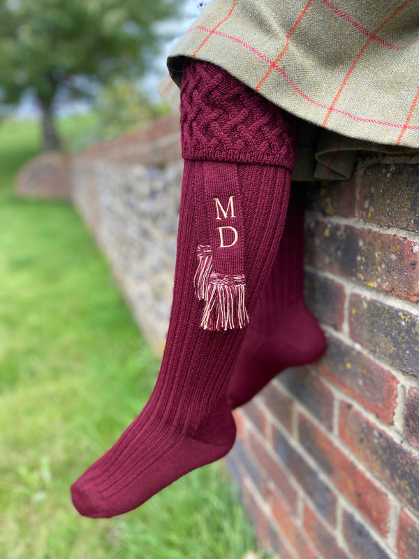 burgundy wool blend ladies shooting socks with personalised matching garters with your initials
