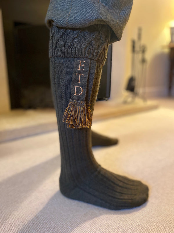 dark green wool blend mens shooting socks with personalised matching garters with your initials