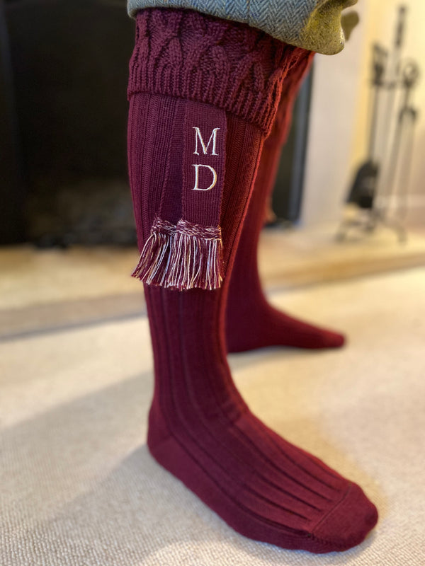 burgundy wool blend mens shooting socks with personalised matching garters with your initials