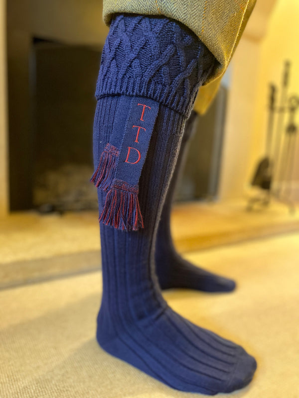 navy blue wool blend mens shooting socks with personalised matching garters with your initials