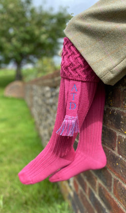 pink wool blend ladies shooting socks with personalised matching garters with your initials