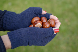 100% cashmere navy fingerless gloves holding a handful of conkers