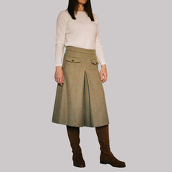 ladies wool tweed culottes in olive herringbone with pink and ochre check