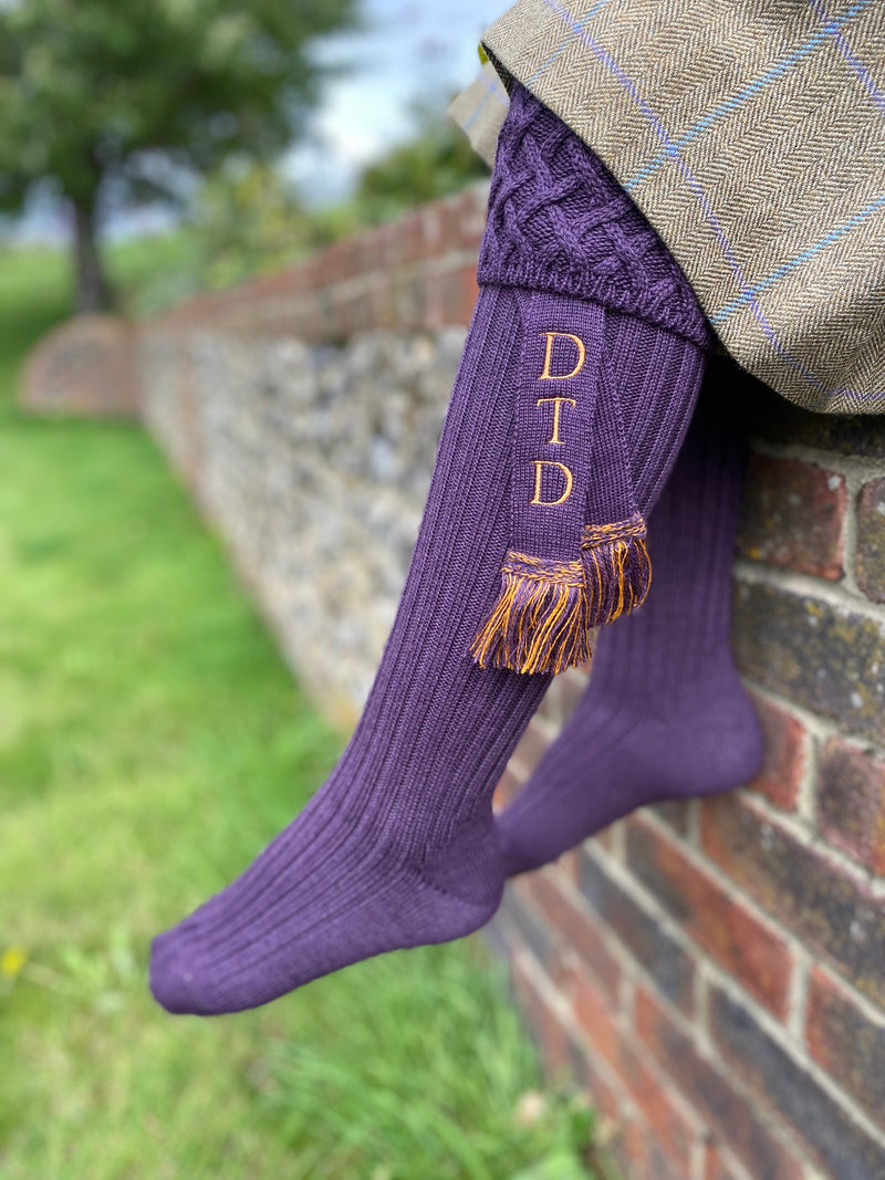 purple wool blend ladies shooting socks with personalised matching garters with your initials